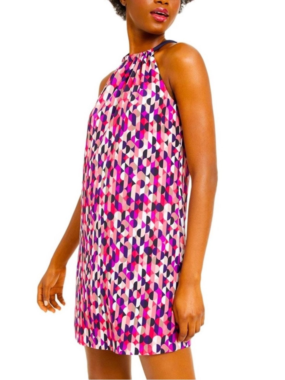Trina Turk JuJu Bow Back Tie Mini Dress L Large Retro Geometric Print Pink Navy